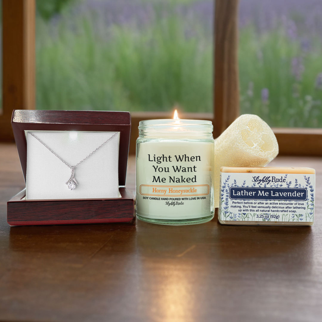 Sweet & Naughty Anniversary Bundle Necklace, Naked Candle, Soap & Luff –  Slightly Rude