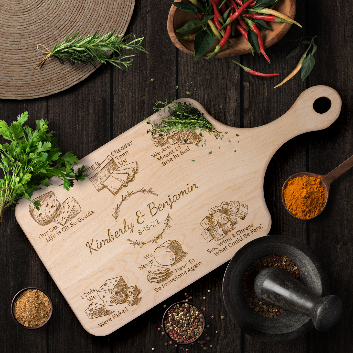 Heartfelt & Cheesy Personalized - Hardwood Paddle Charcuterie Board