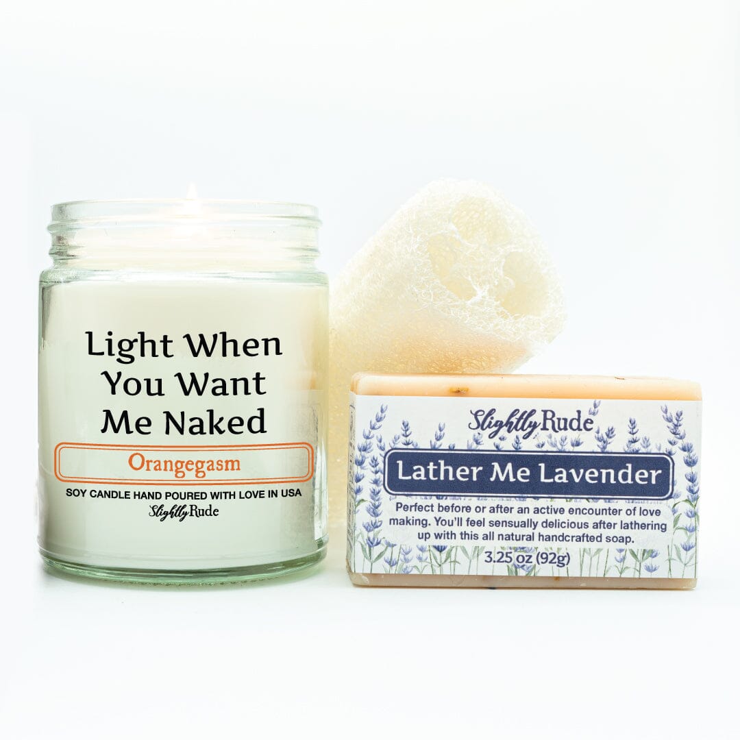 Naughty Naked Candle & Soap Bundle Candles Slightly Rude Orangegasm Lather Me Lavender Luffa Please $4