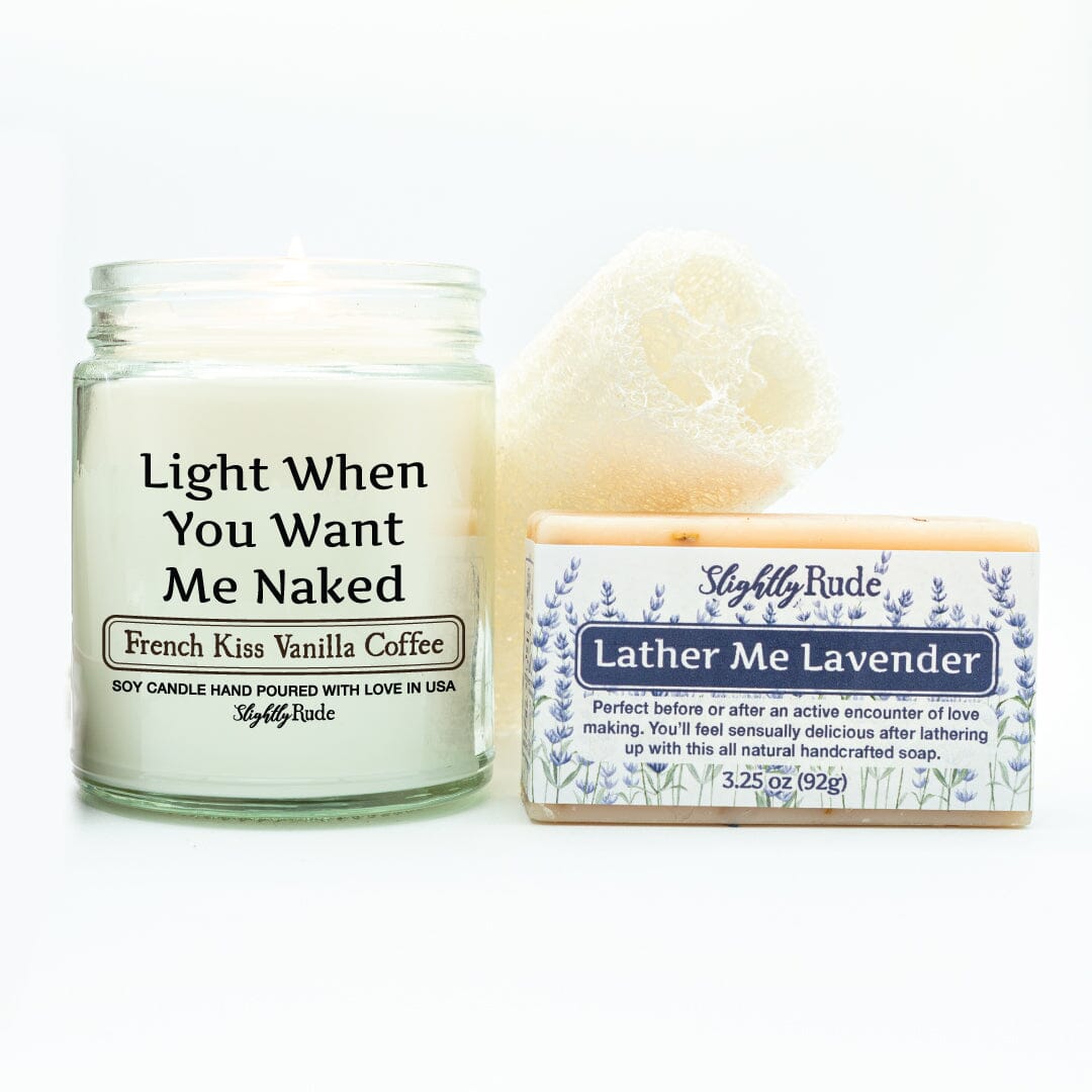 Naughty Naked 1 Candle & 1 Soap Bundle Candles Slightly Rude French Kiss Vanilla Coffee Lather Me Lavender Luffa Please $3