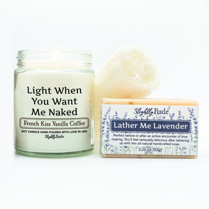 Naughty Naked 1 Candle & 1 Soap Bundle Candles Slightly Rude French Kiss Vanilla Coffee Lather Me Lavender Luffa Please $3