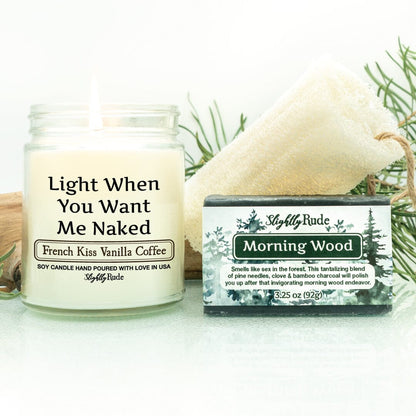 Naughty Naked 1 Candle & 1 Soap Bundle Candles Slightly Rude French Kiss Vanilla Coffee Morning Wood Luffa Please $3