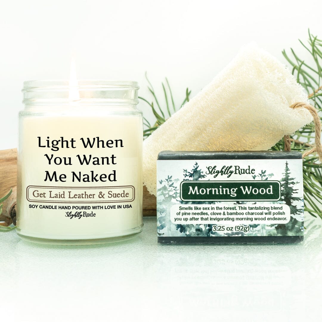 Naughty Naked 1 Candle & 1 Soap Bundle Candles Slightly Rude Get Laid Leather & Suede Morning Wood Luffa Please $3