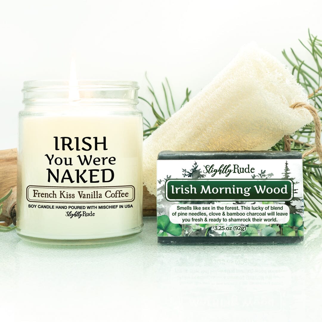 IRISH you Were NAKED - Naughty 1 Candle & 1 Soap Bundle Candles Slightly Rude French Kiss Vanilla Coffee (Candle) Irish Morning Wood (Soap) Luffa Please $3