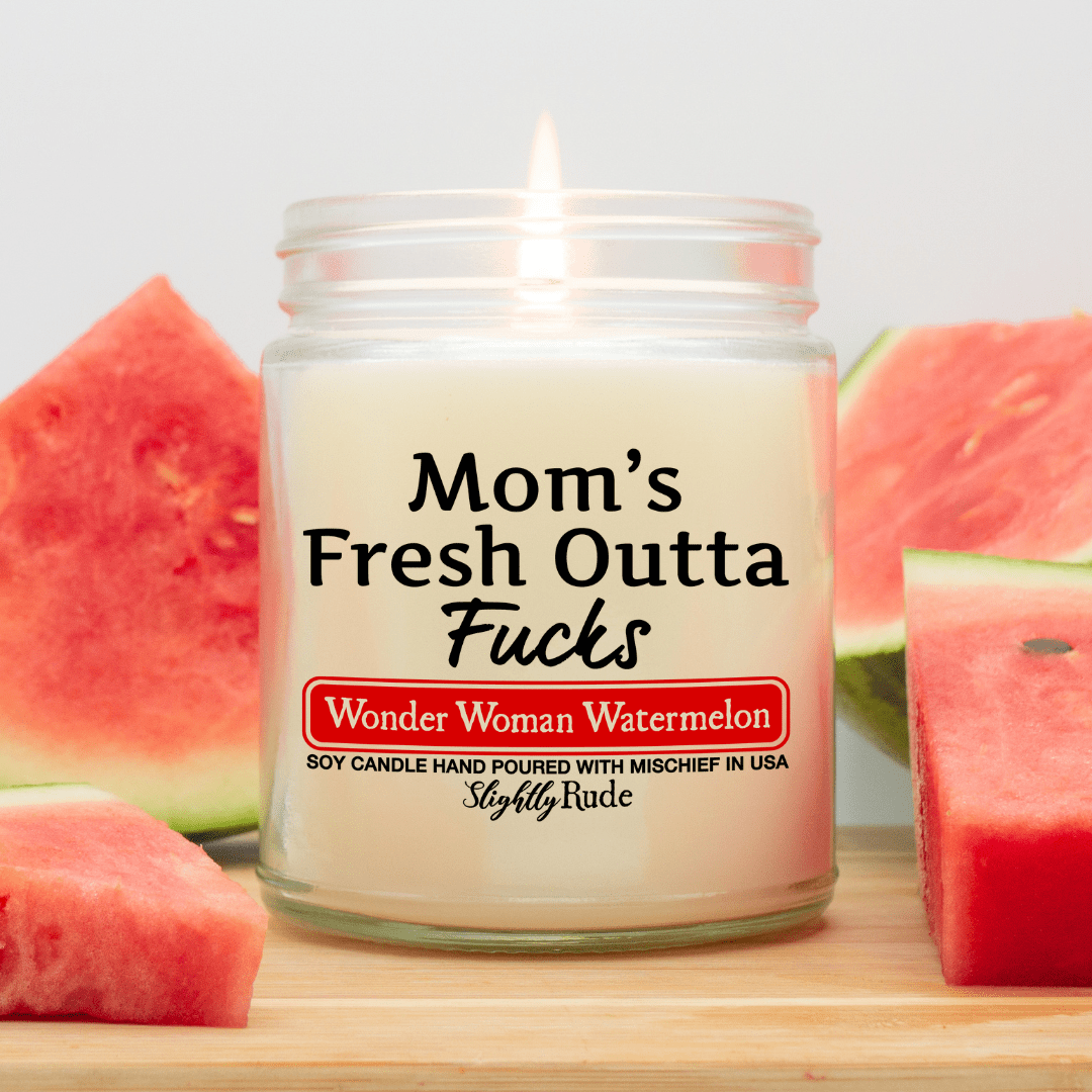 Mom's Fresh Outta Fs - Funny Candle Candles Slightly Rude Wonder Woman Watermelon 