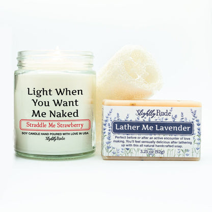 Naughty Naked 1 Candle & 1 Soap Bundle Candles Slightly Rude Straddle Me Strawberry Lather Me Lavender Luffa Please $3